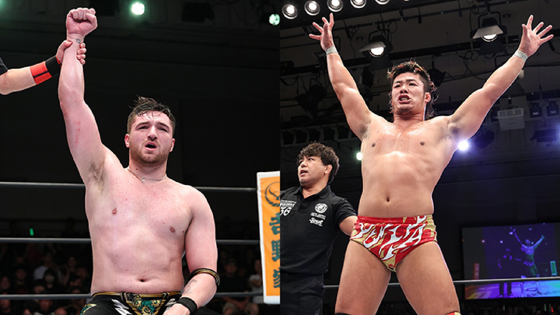 Two shirtless wrestlers in a ring; the left fighter's arm is raised by a referee as the right fighter celebrates with arms raised in victory.