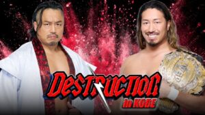 Two professional wrestlers pose side by side on a red, splattered background; one wears a white robe, the other holds a championship belt over his shoulder.