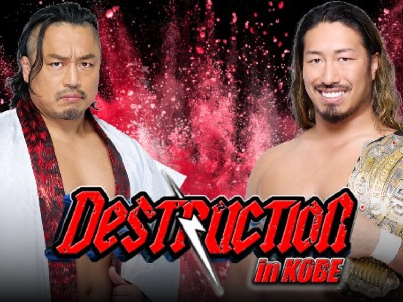 Two professional wrestlers pose side by side on a red, splattered background; one wears a white robe, the other holds a championship belt over his shoulder.