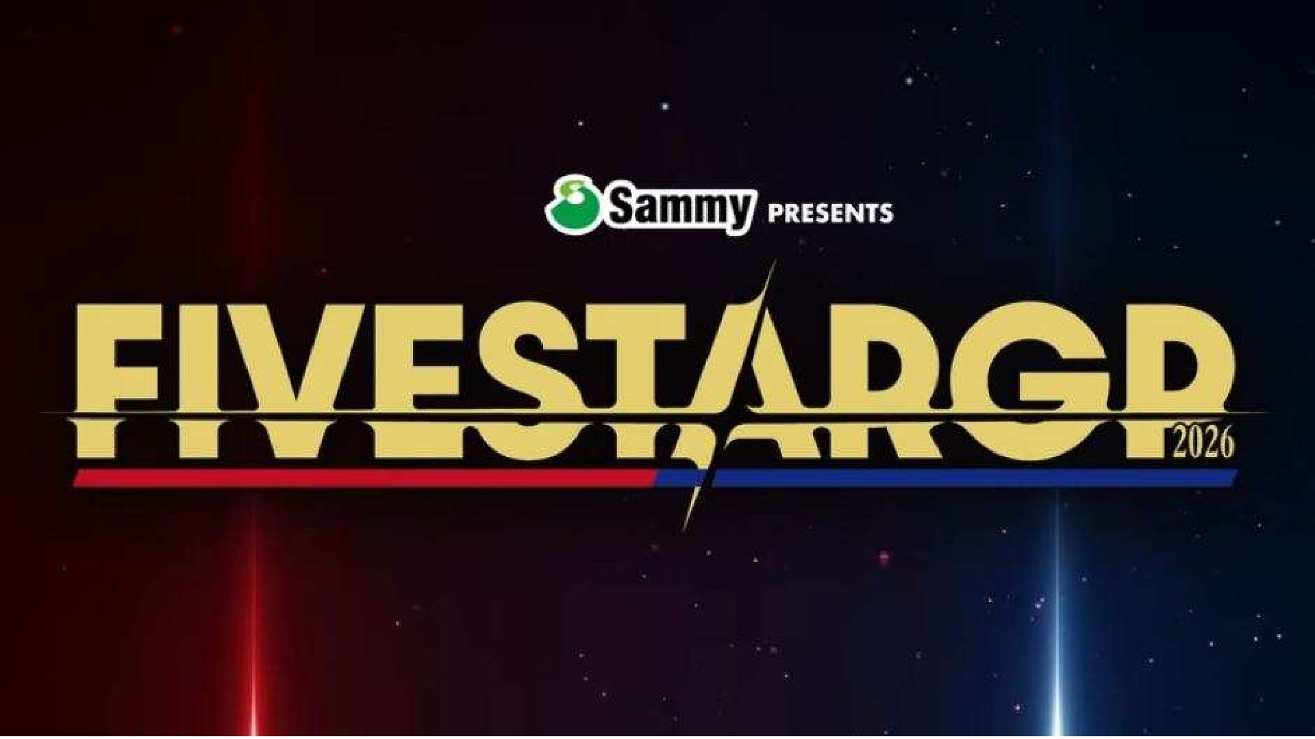 Promotional poster with 'Sammy Presents' and a large gold title across a dark space background, red and blue accent stripes beneath, 2026 visible on the right.