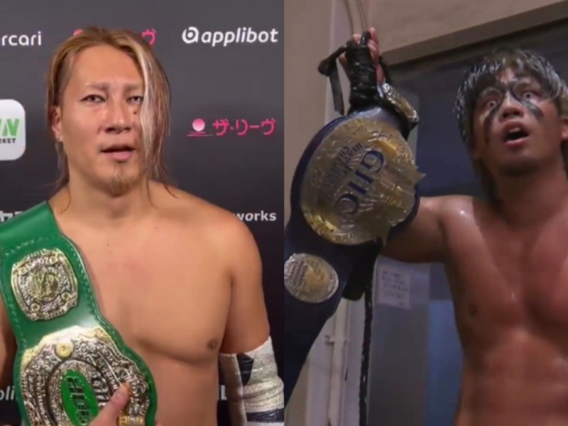 Split image: left wrestler with long blond hair and green championship belt; right wrestler with face paint, holding a large gold belt over his shoulder.