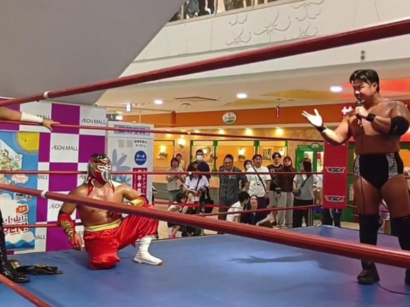 Pro wrestlers in a mall ring: blond champion with a belt on the left, a masked kneeling opponent in red pants center, and a muscular announcer with a microphone on the right; spectators watch.