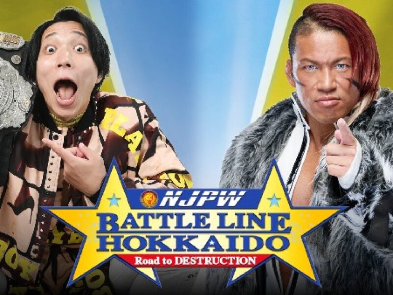 Two wrestlers in bold outfits pose with championship belts in a bright NJPW Battle Line Hokkaido promo poster (Road to Destruction).