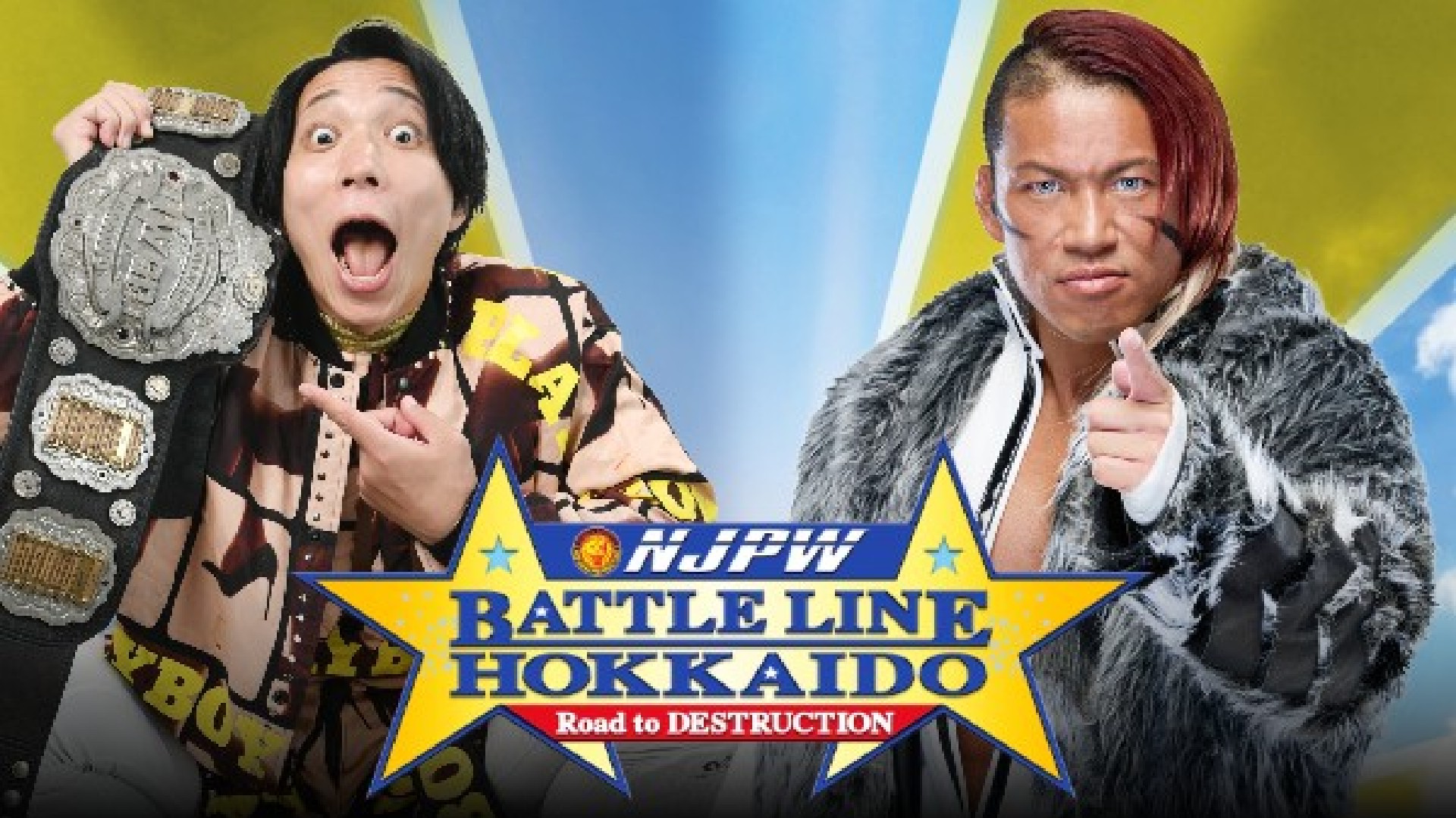 Two wrestlers in bold outfits pose with championship belts in a bright NJPW Battle Line Hokkaido promo poster (Road to Destruction).