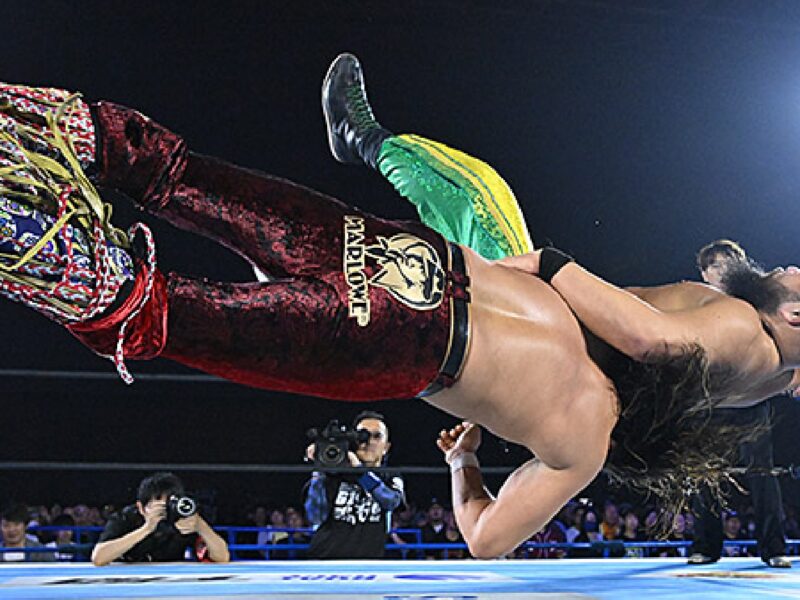High‑flying wrestling move: two competitors collide mid‑air in the ring as photographers and a cheering crowd look on.